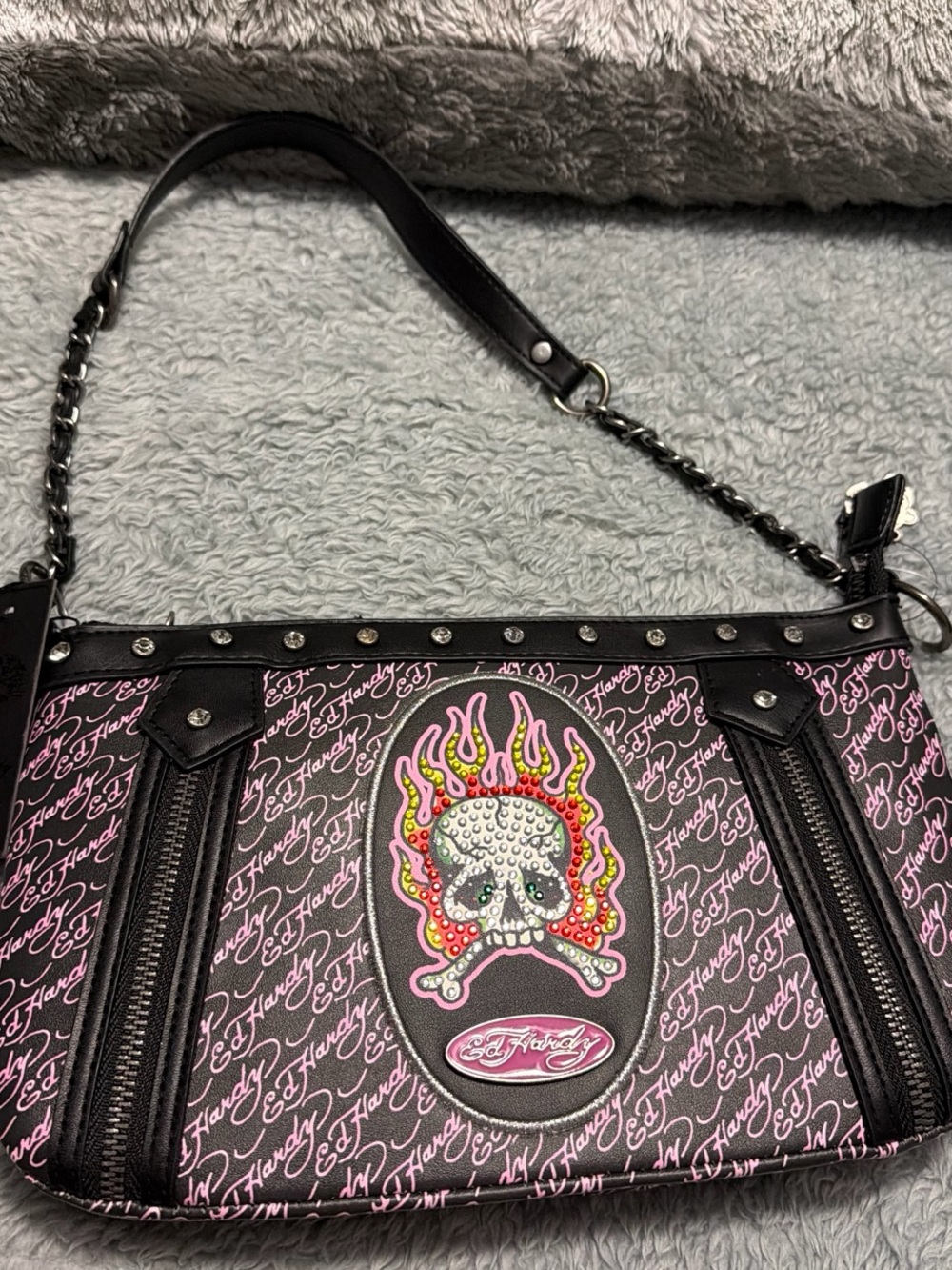 Ed Hardy Pink Script Skull Rhinestone Shoulder Bag